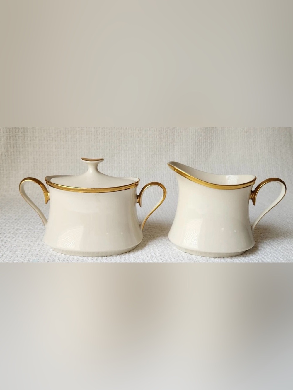 🍁🍒Vintage Lenox Sugar Bowl & Creamer Set NEVER USED White 24K Gold Trim🍒🍁